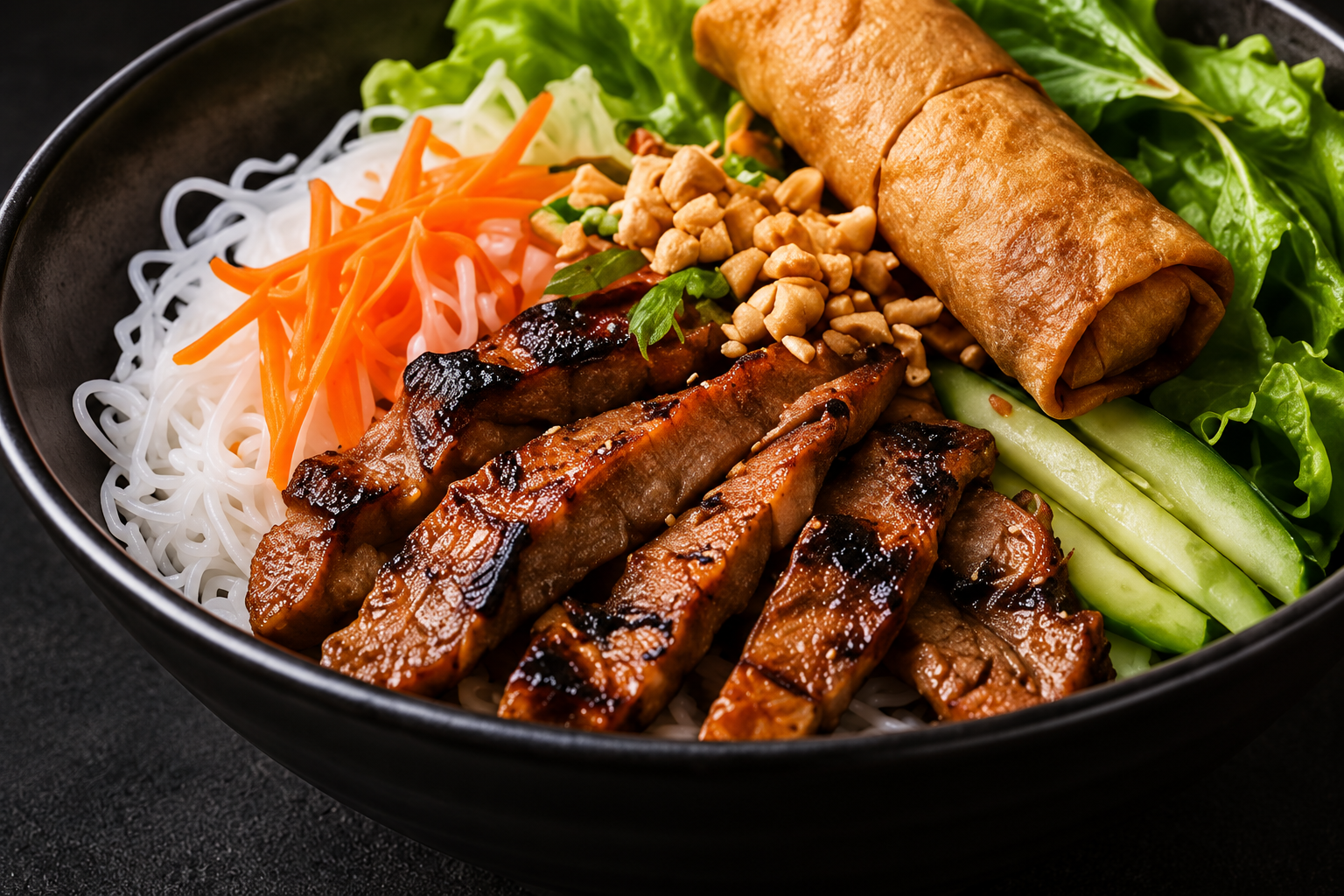 Bún vermicelli bowl with grilled meat and spring roll