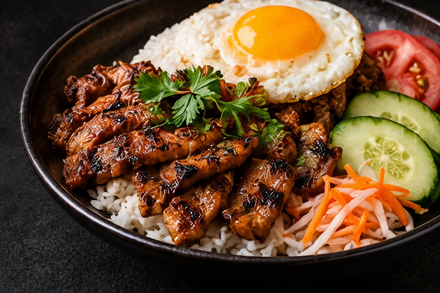 Cơm rice platter with grilled meat and fried egg