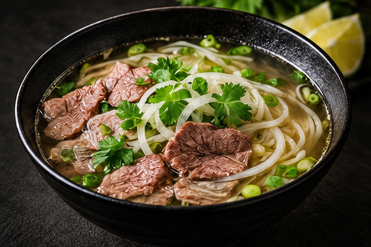 Beef phở with rice noodles and fresh herbs